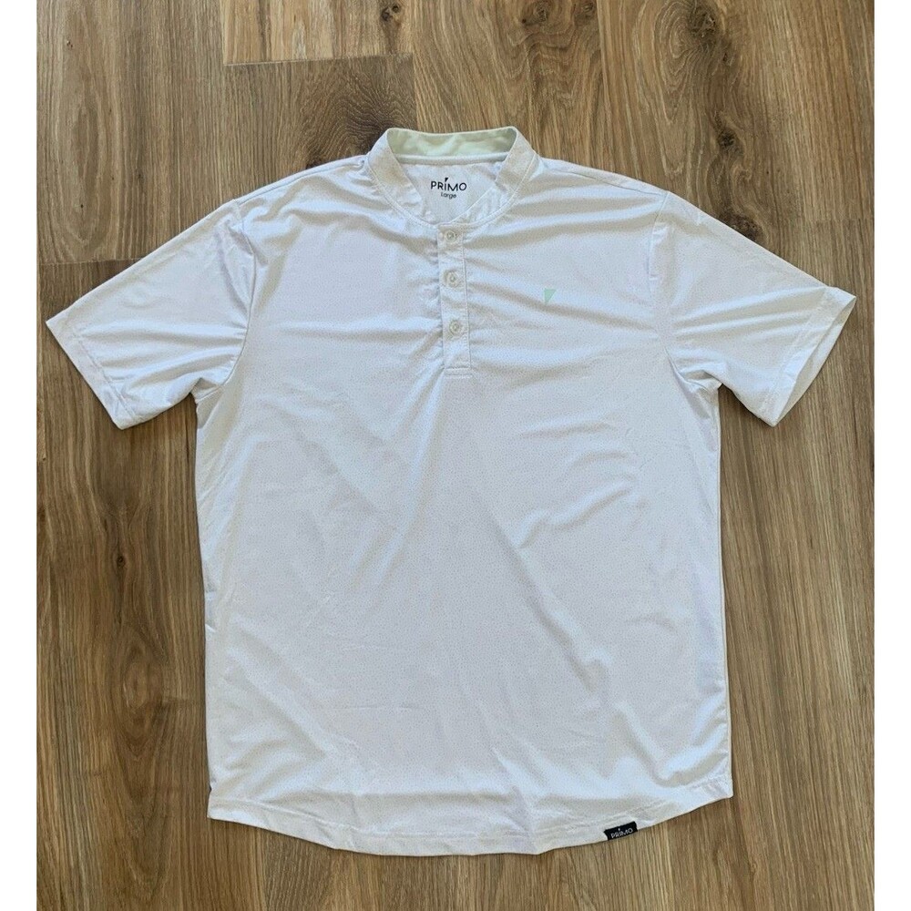 PRIMO Golf Sz L Performance Polo Shirt Blade Collar White Grey Dots Mens